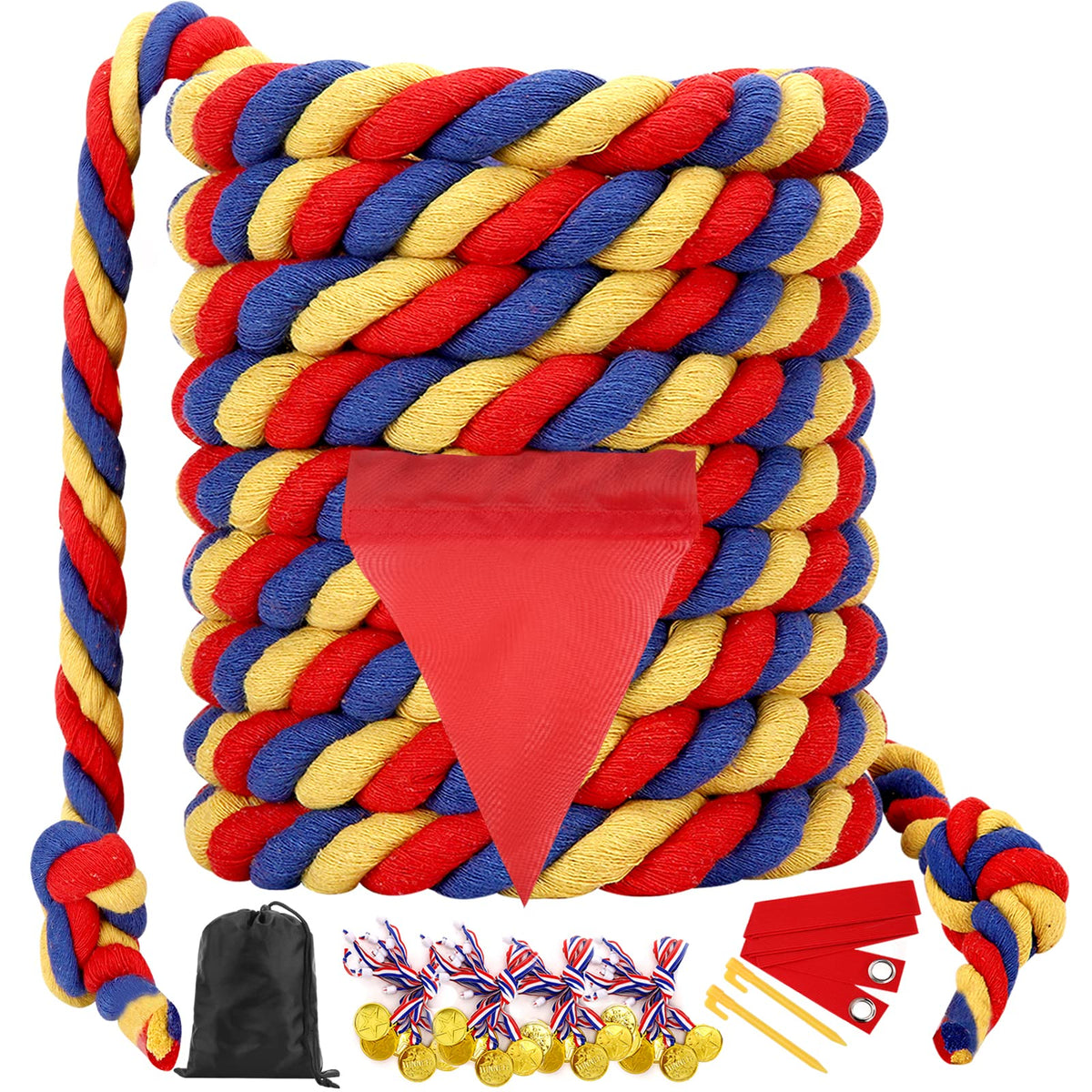 Tug of War Rope 60FT Outdoor Yard Games for Kids and Adults Field Day Family Reunion Birthday Party GamesCarnival Games Outside Backyard Lawn Yard Games Fun for Team Building Activities Tricolor