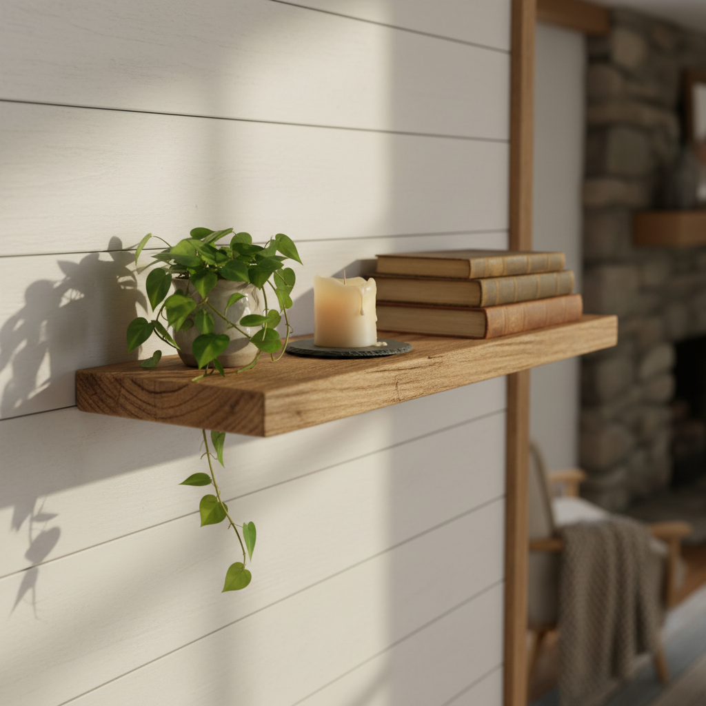 Rustic reclaimed wood floating shelf styled with a plant, candle and books