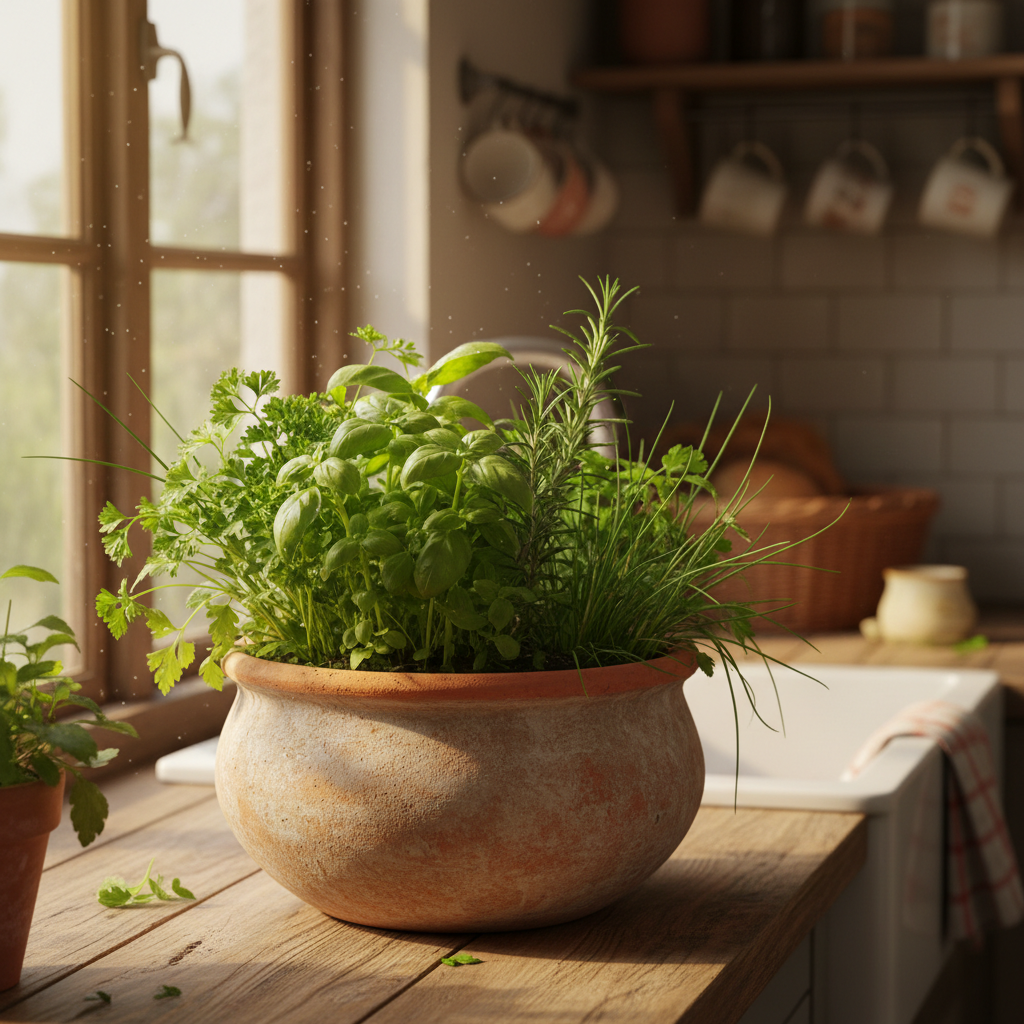 Terracotta herb planter on a sunny kitchen windowsill filled with fresh green herbs