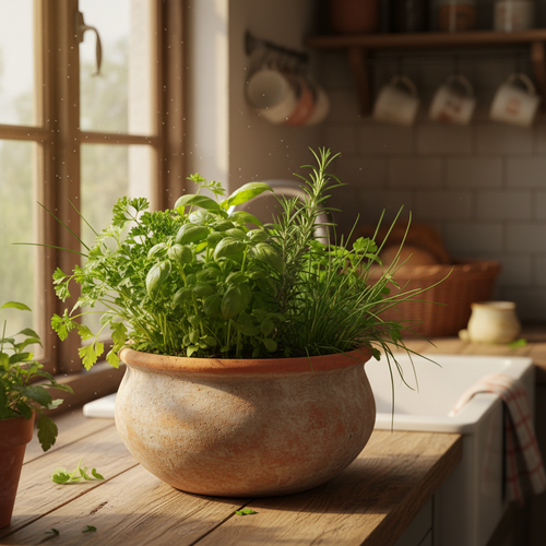 Terracotta herb planter on a sunny kitchen windowsill filled with fresh green herbs
