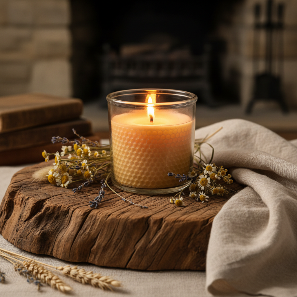 Hand-poured beeswax candle in a glass jar with warm amber glow, styled with dried flowers